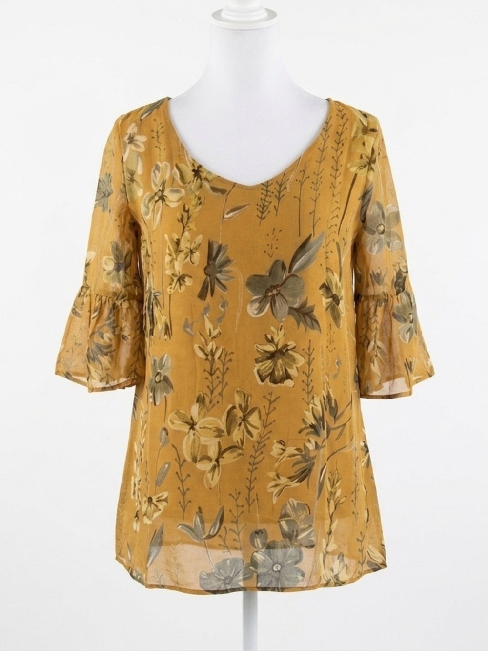 Alice Rinaldi Silk Blend Boho Floral Print Tunic Blouse Yellow Size M‎ Italy